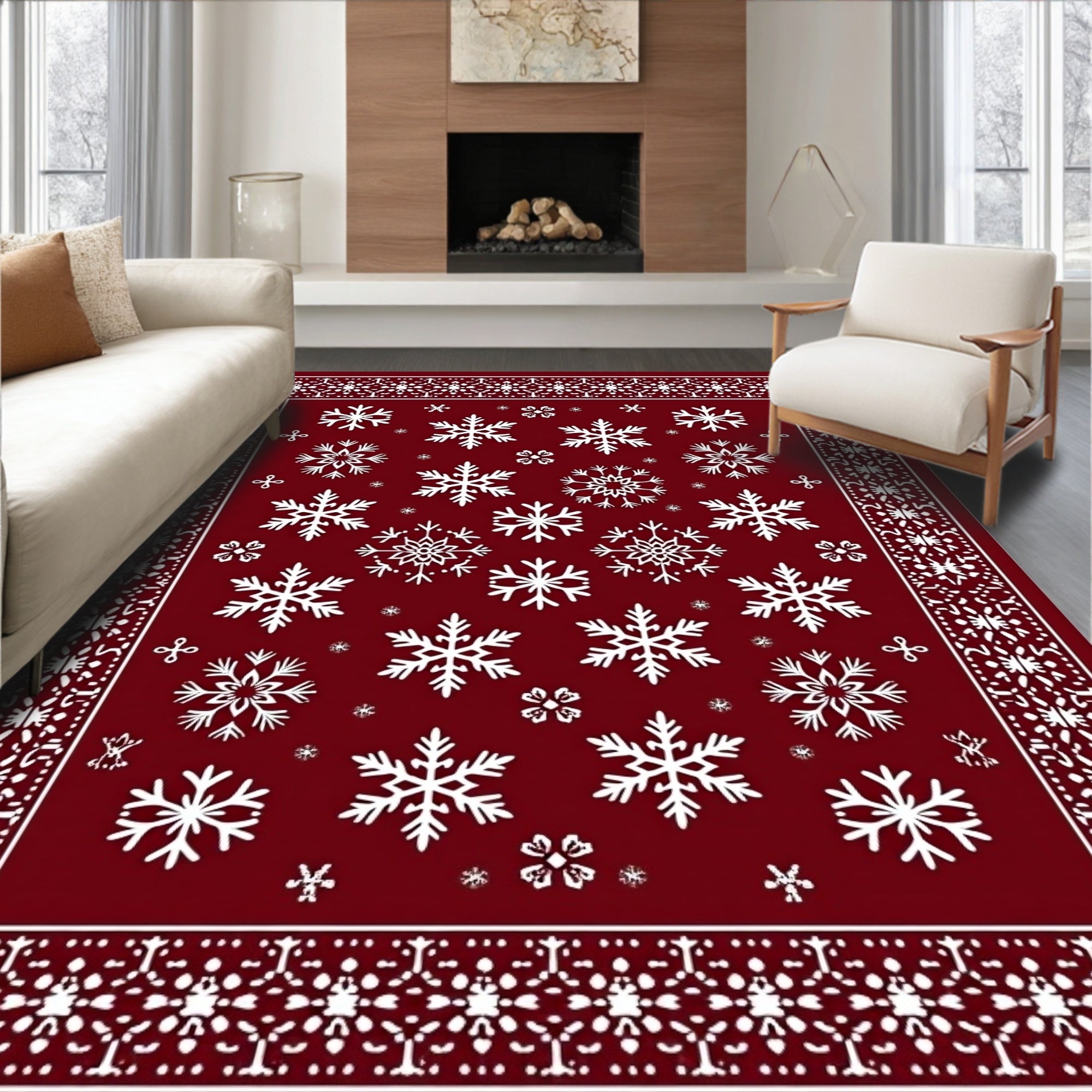 Deep Red Snowflake Wonderland Border Rug