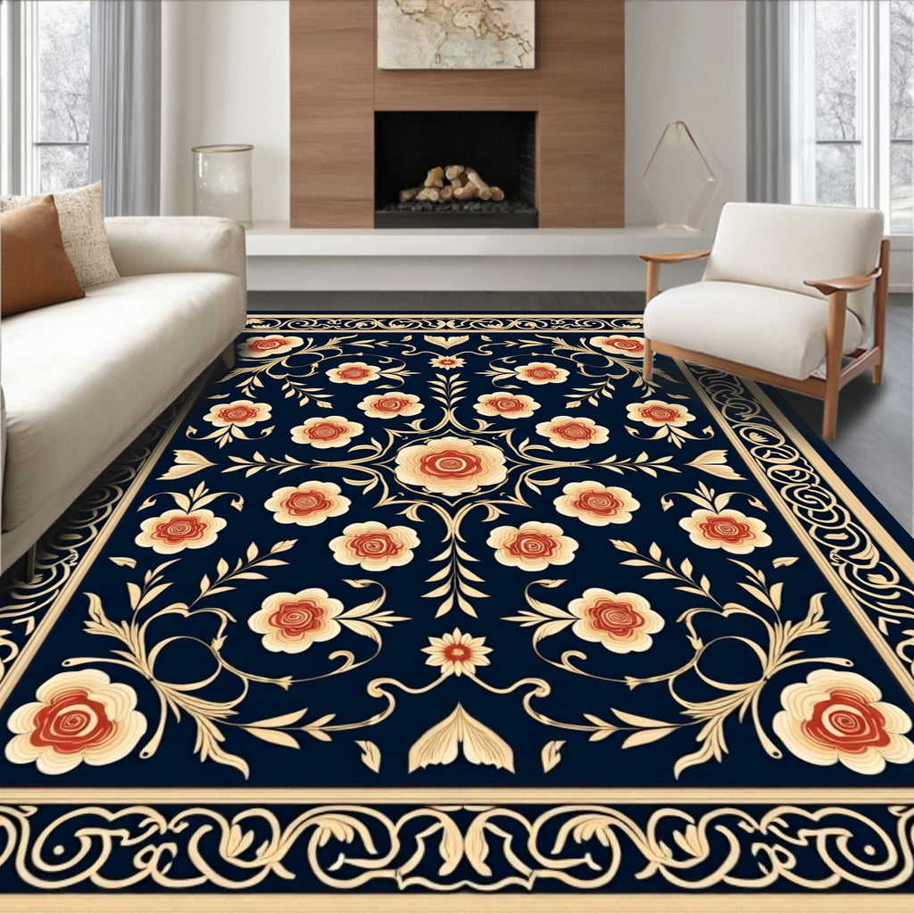 Ornate Floral Vines Dark Blue Rug