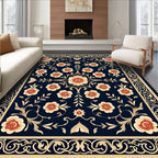 Ornate Floral Vines Dark Blue Rug