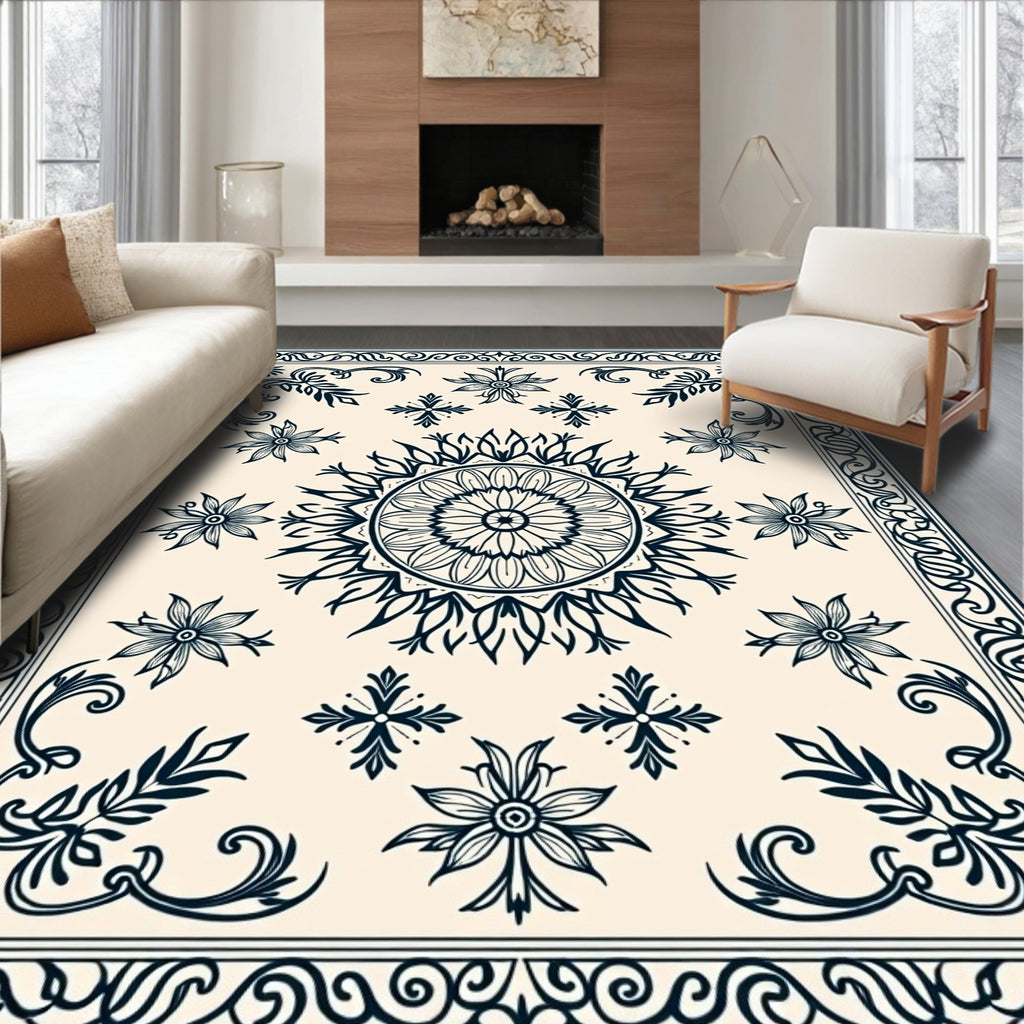 Ornate Floral Mandala Border Rug