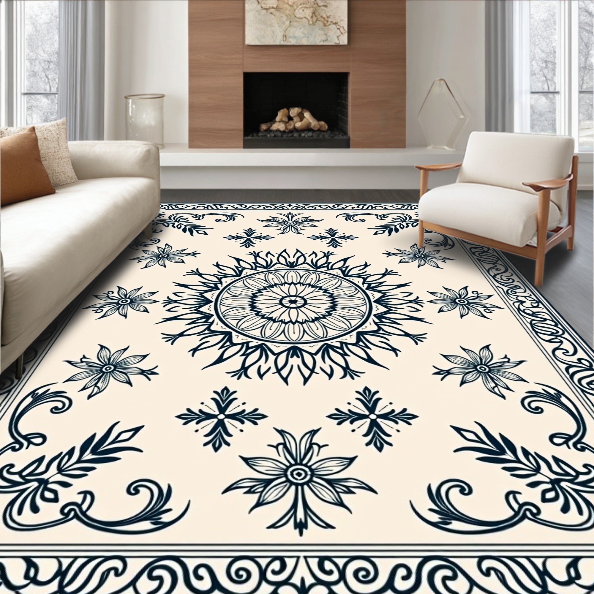 Ornate Floral Mandala Border Rug