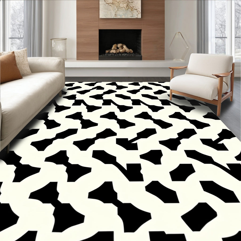 Bold Black Geometric Maze Pattern Rug