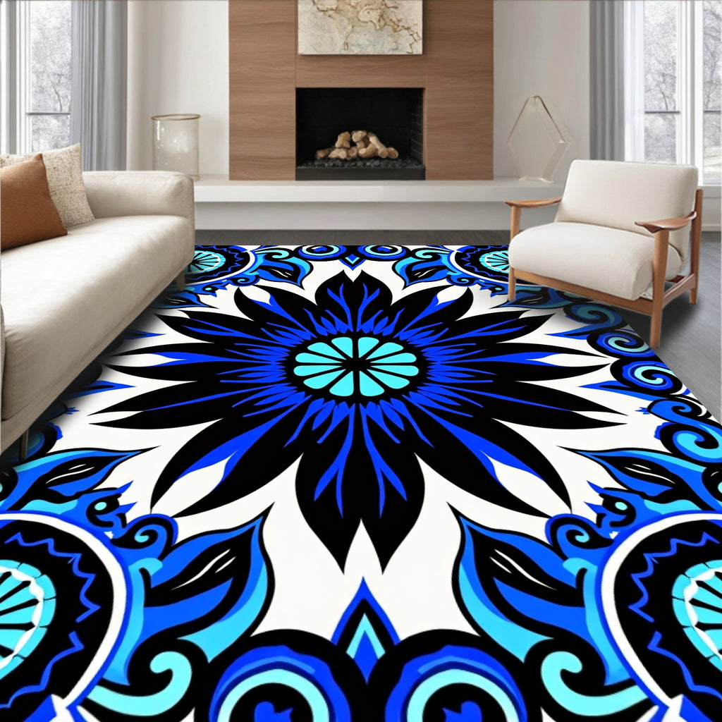 Bold Blue Floral Mandala Pattern Rug