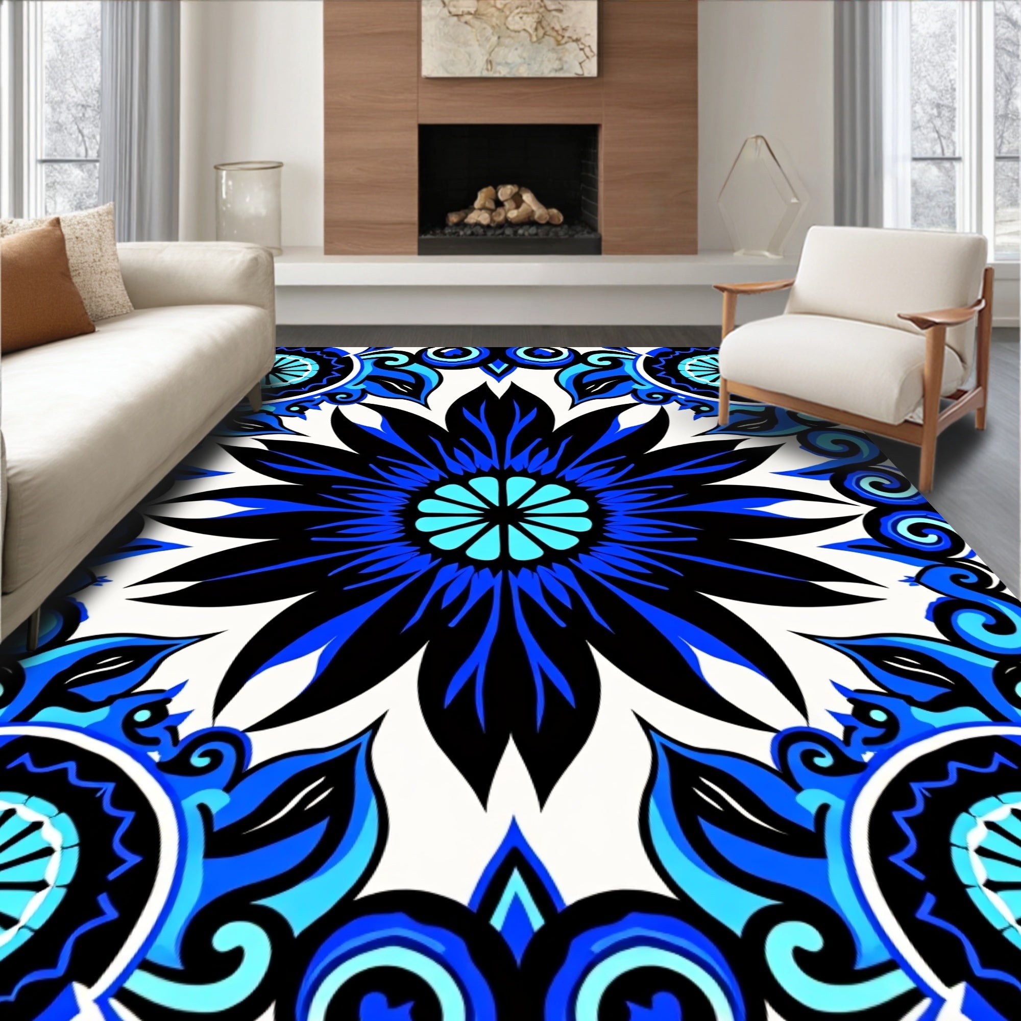 Bold Blue Floral Mandala Pattern Rug