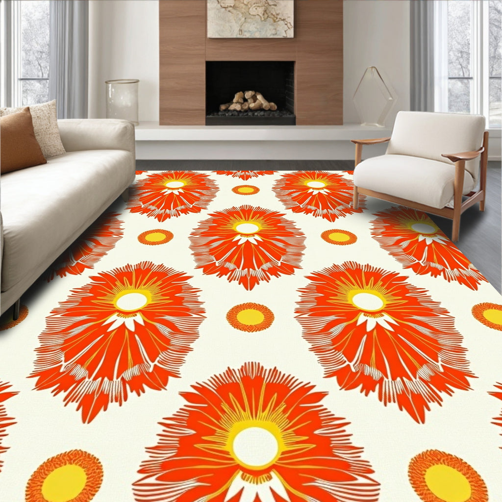Retro Orange Sunburst Floral Pattern Rug