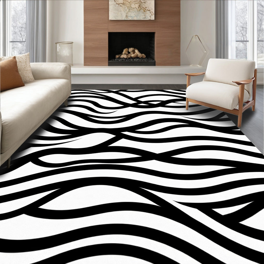 Dynamic Black Wave Pattern Rug