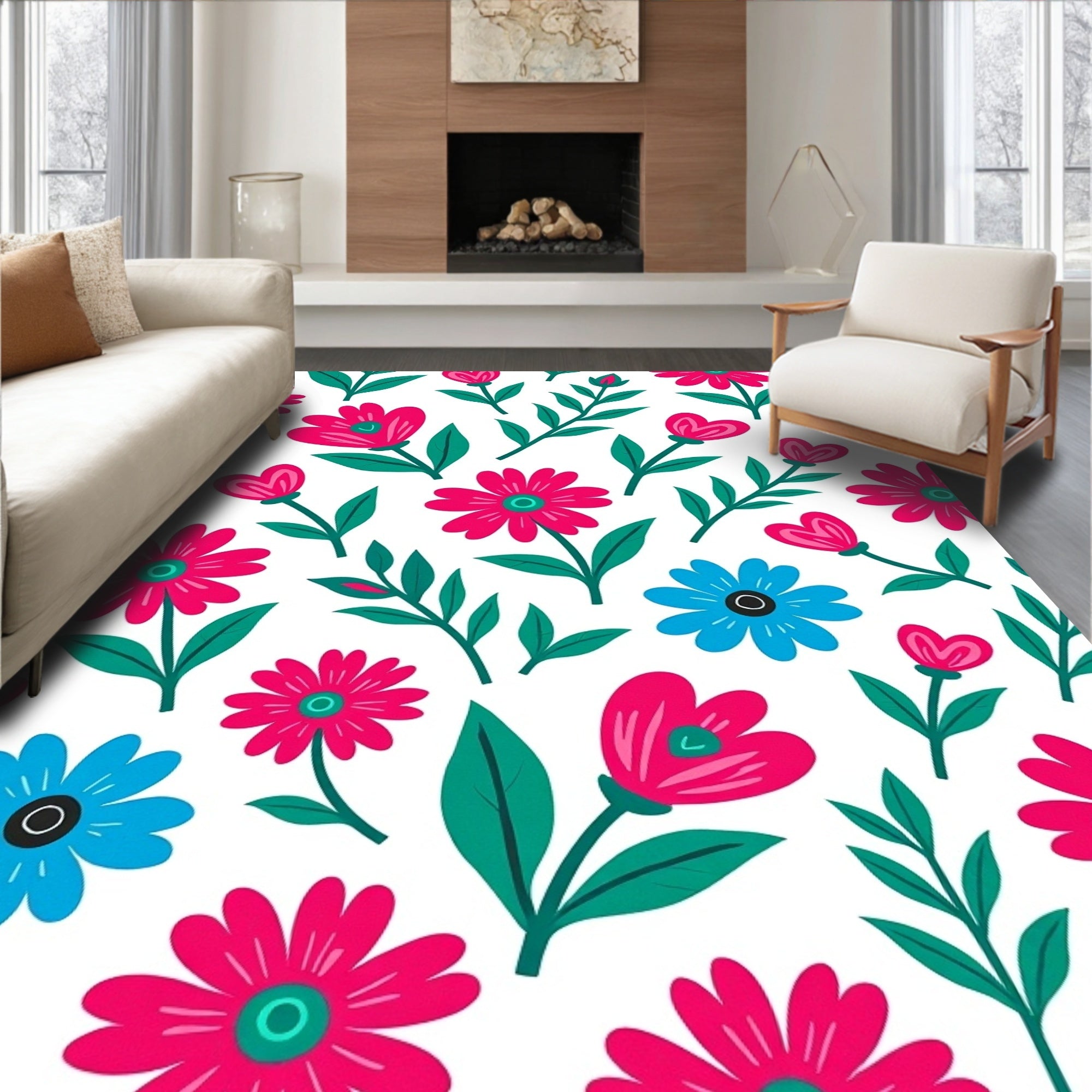 Bold Floral Pattern with Pink Blue Accents Rug