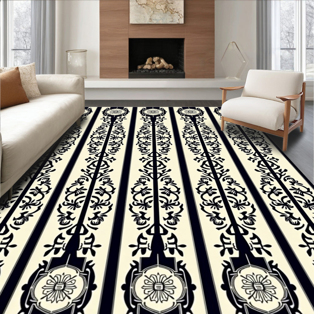 Vintage Black Floral Stripe Pattern Rug