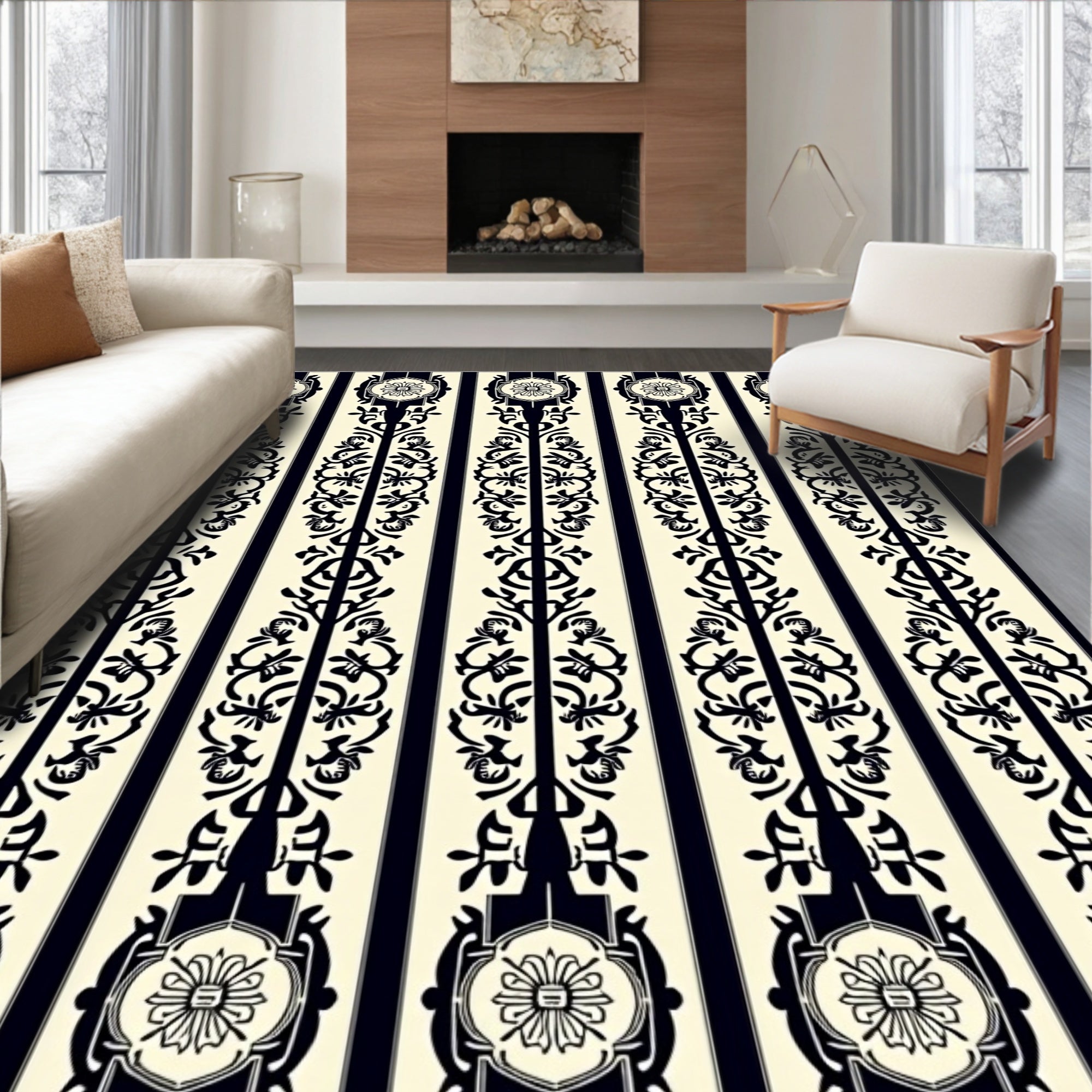Vintage Black Floral Stripe Pattern Rug