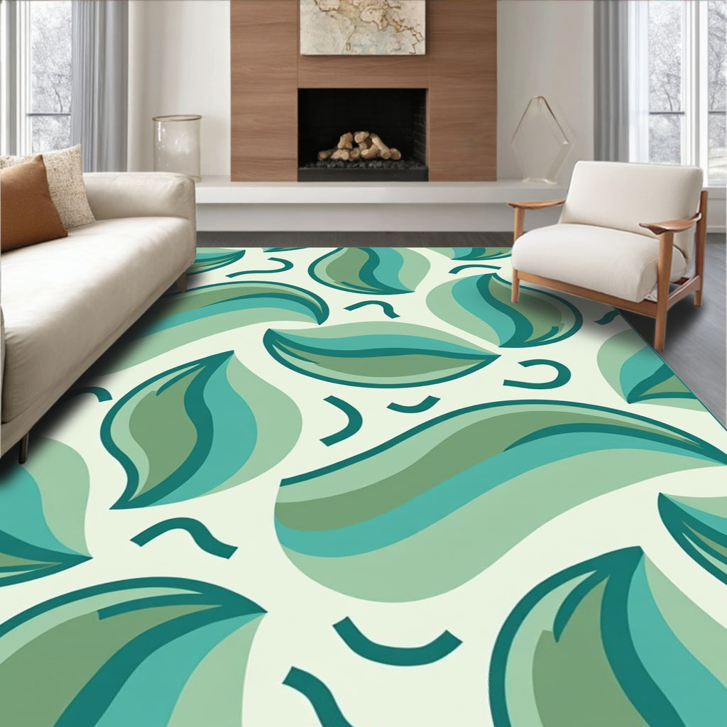 Teal Leafy Organic Wave Pattern Rug