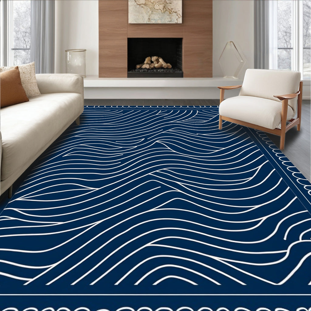 Navy White Organic Wave Pattern Rug
