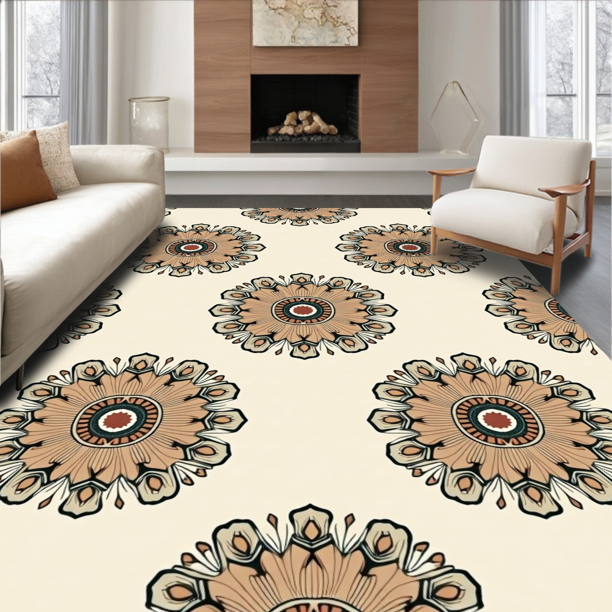 Warm Tone Floral Medallion Pattern Rug