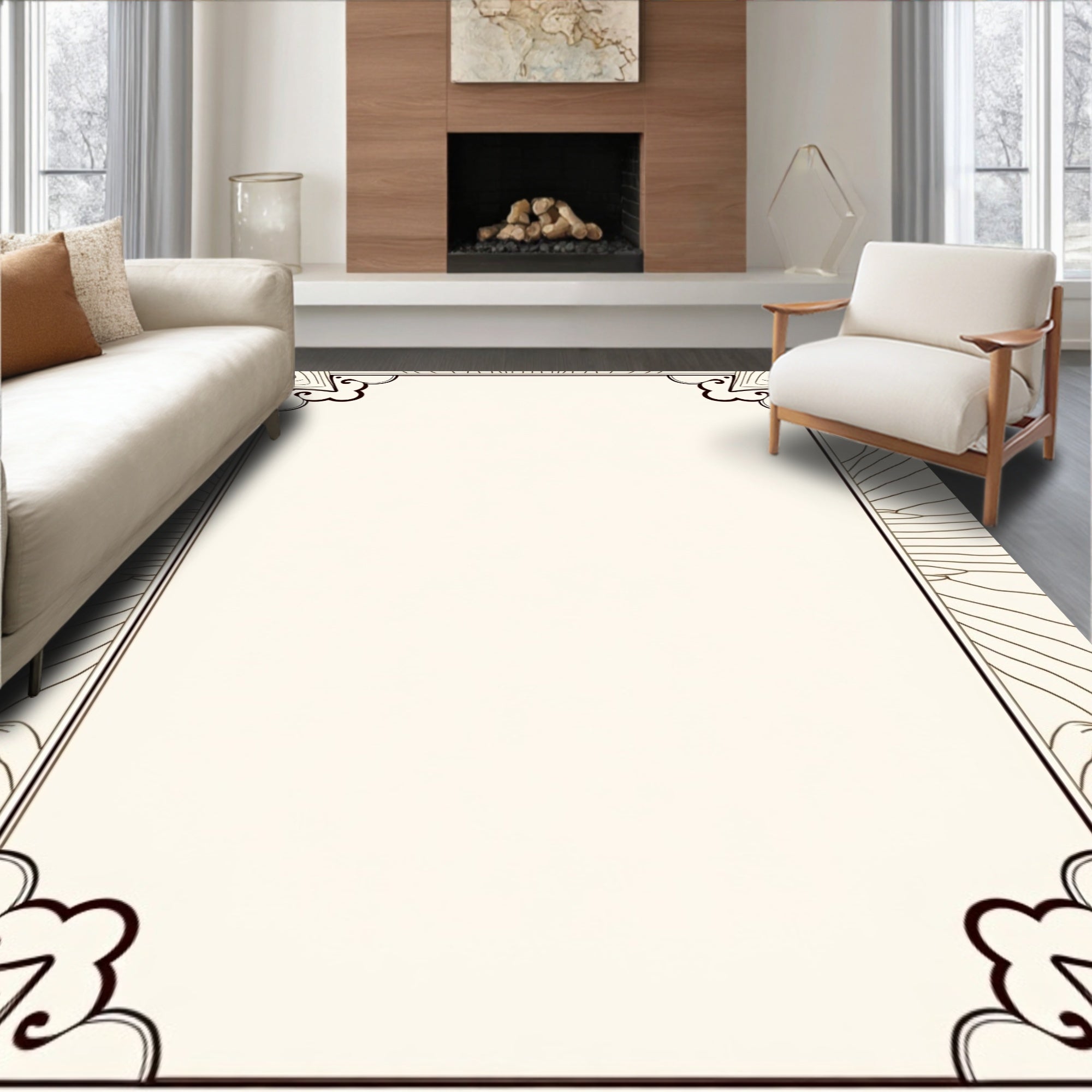 Modern Minimalist Wood Grain Border Rug