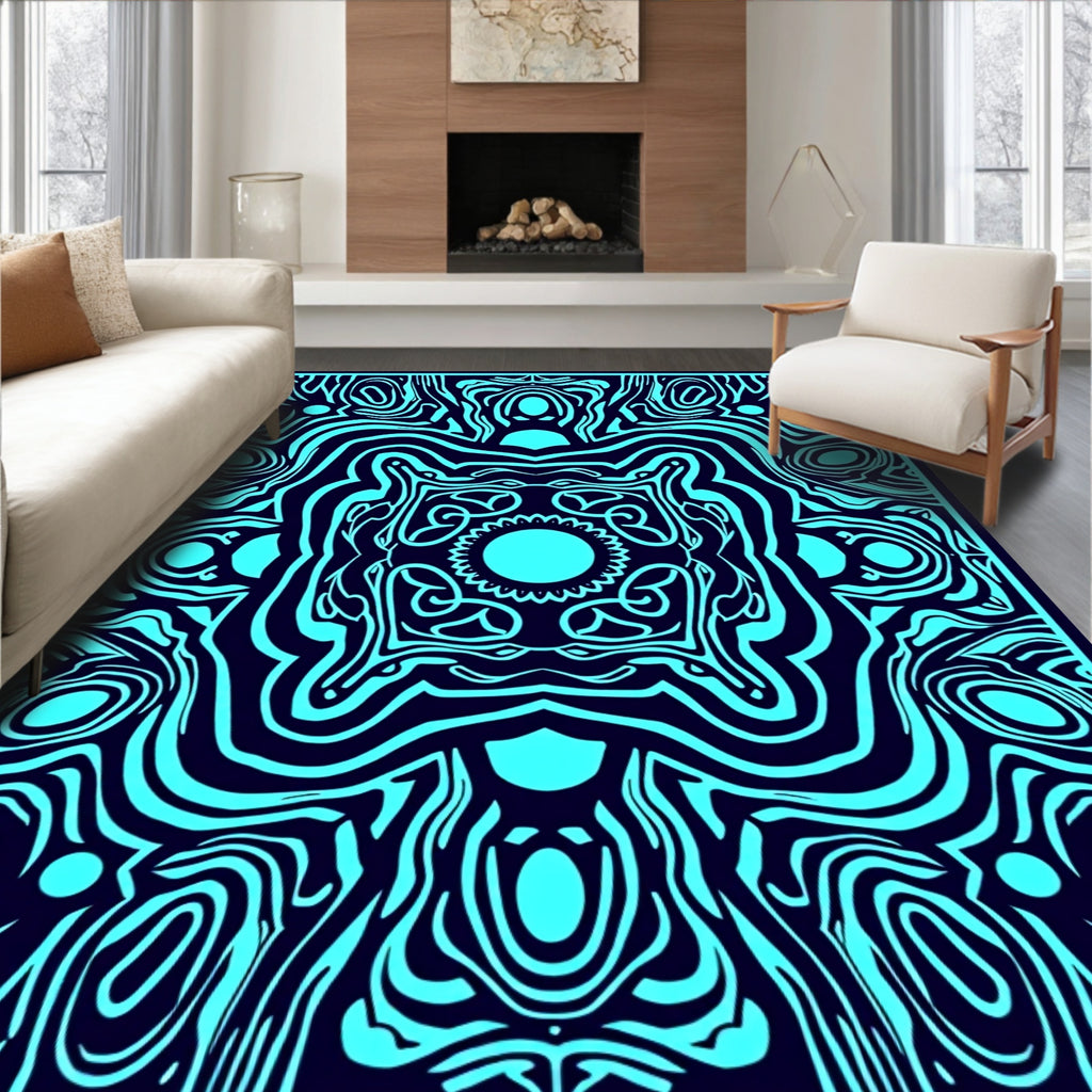 Symmetrical Blue Swirl Abstract Pattern Rug