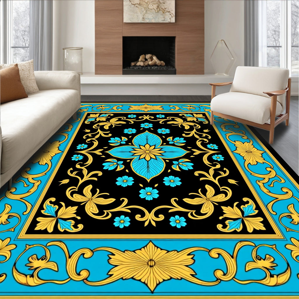 Rococo Black Cyan Golden Floral Rug