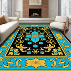 Rococo Black Cyan Golden Floral Rug