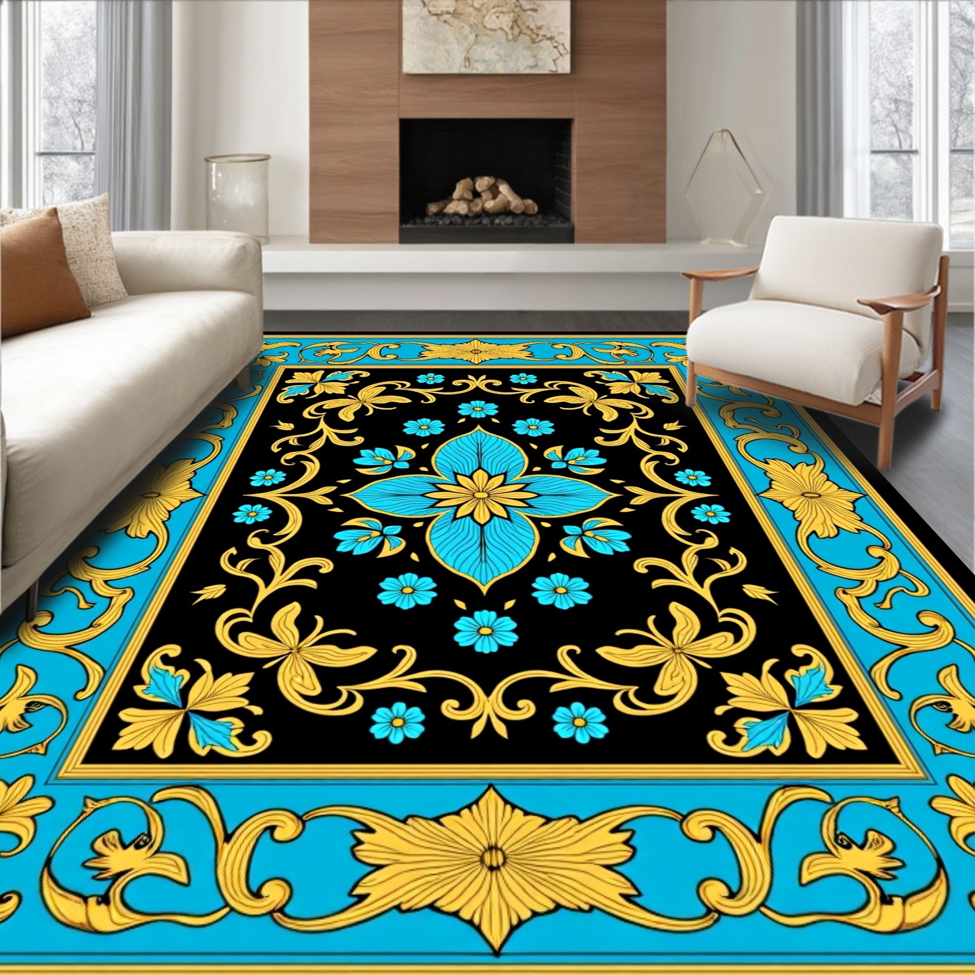 Rococo Black Cyan Golden Floral Rug