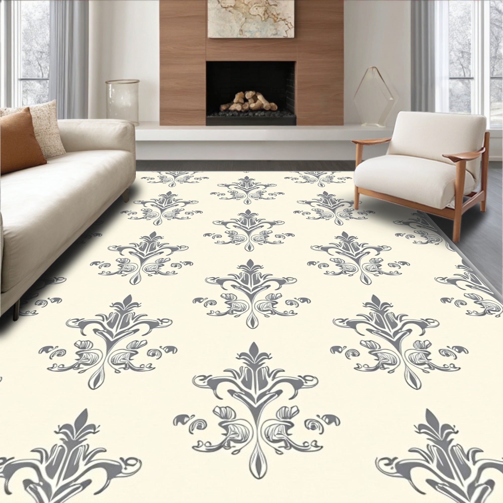 Elegant Gray Damask Pattern Rug