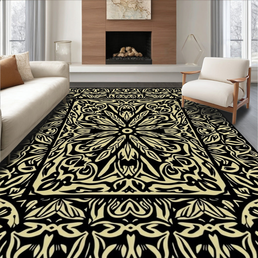 Black Cream Ornate Floral Rug