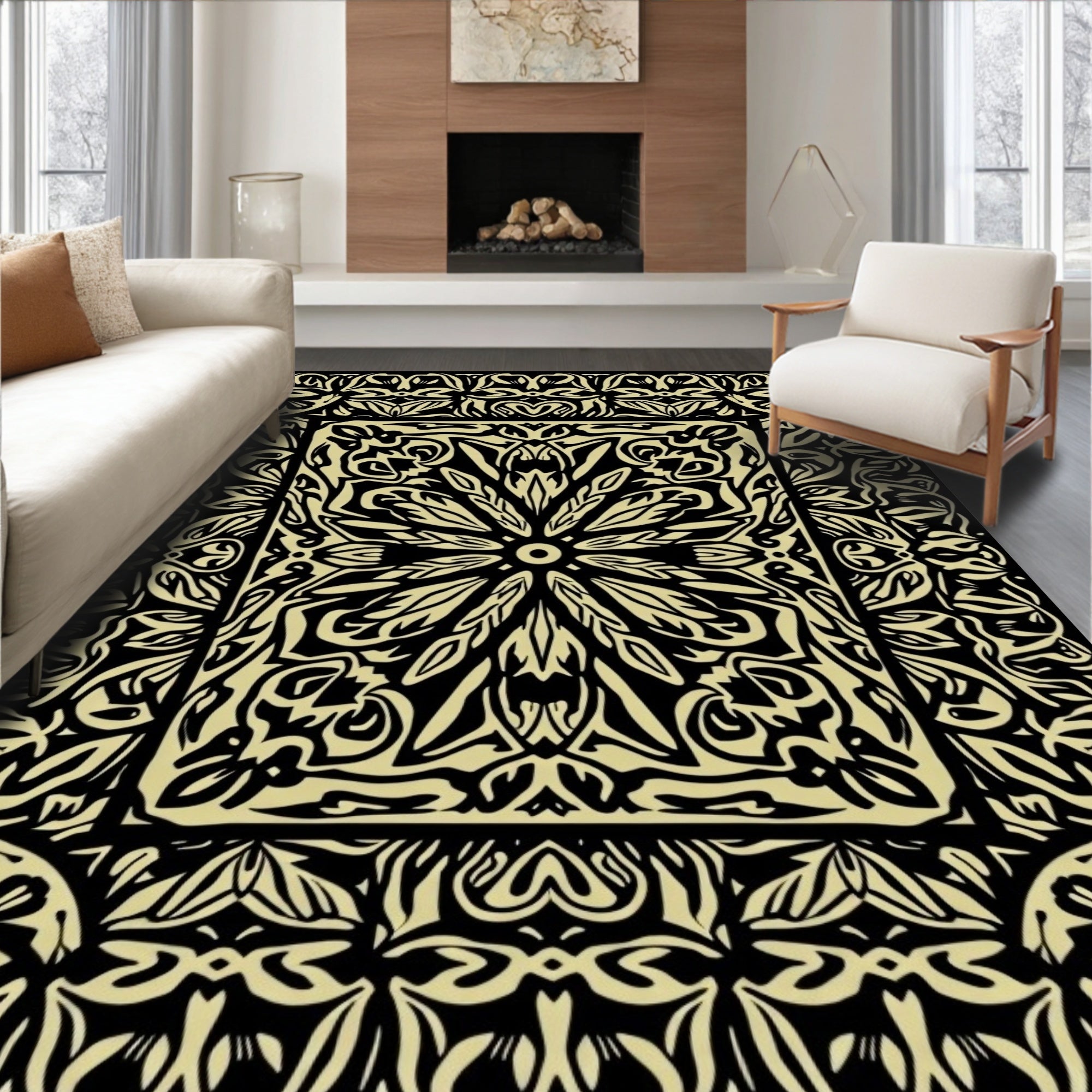 Black Cream Ornate Floral Rug