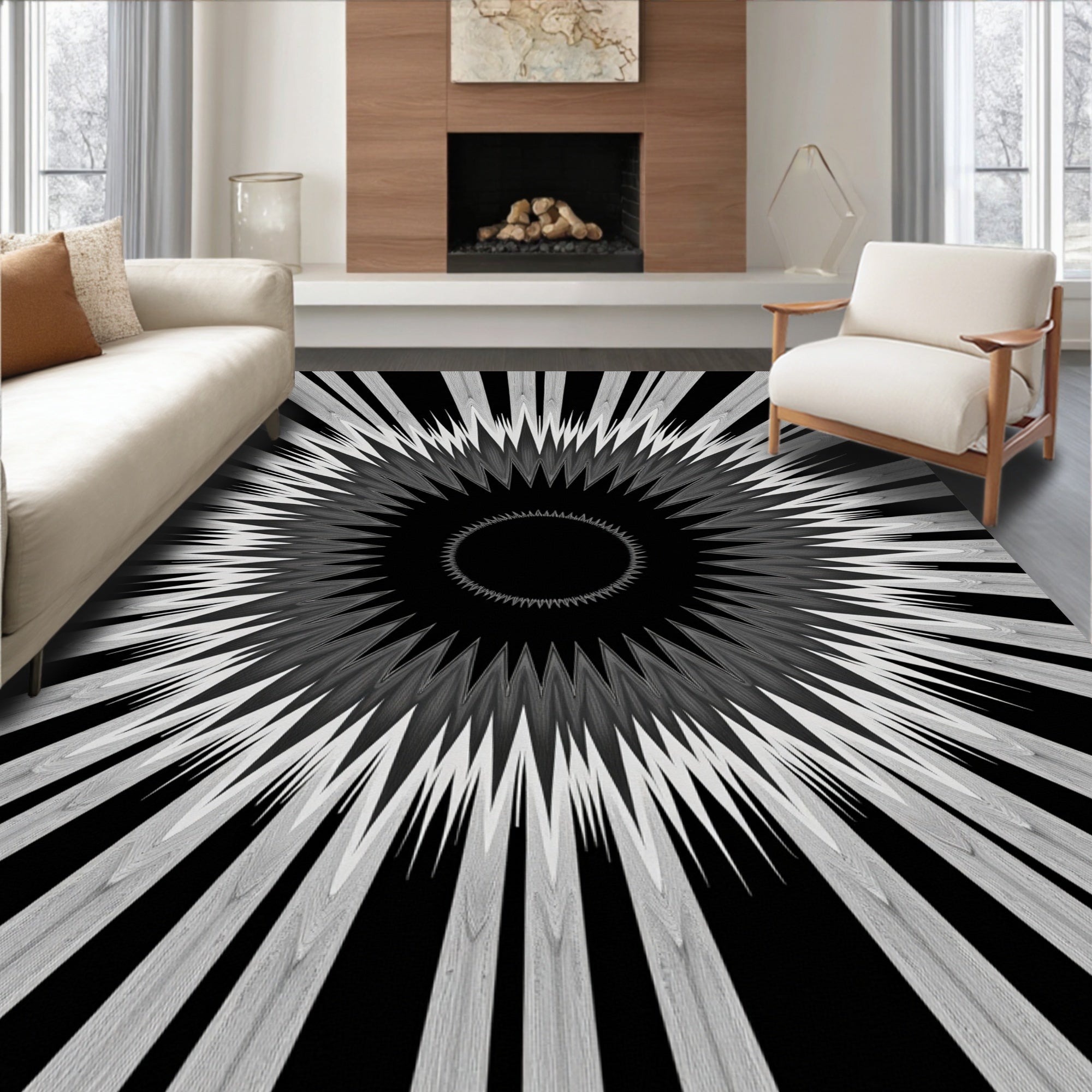 Monochromatic Dynamic Sunburst Radiating Lines Rug