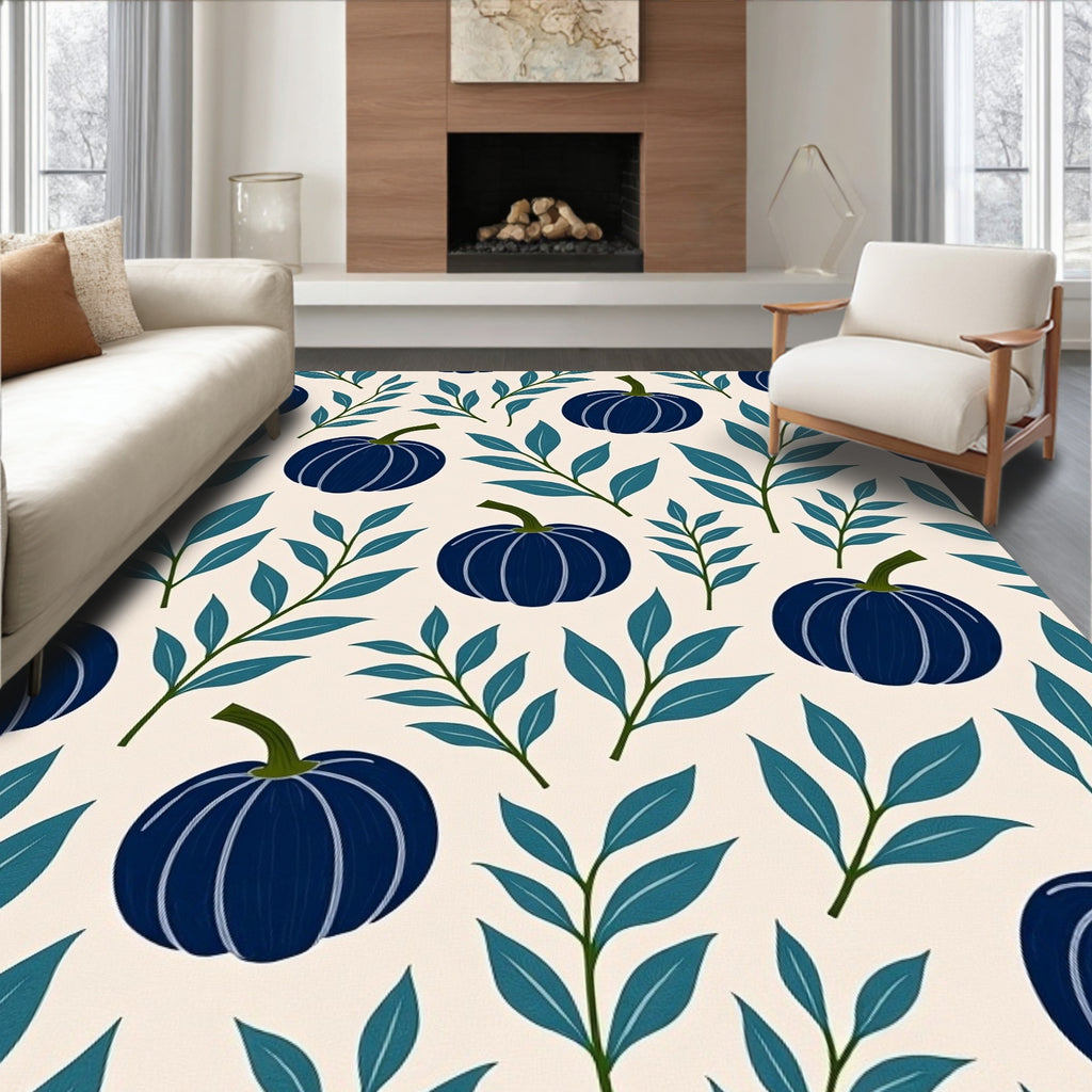 Deep Blue Pumpkin Botanical Pattern Rug
