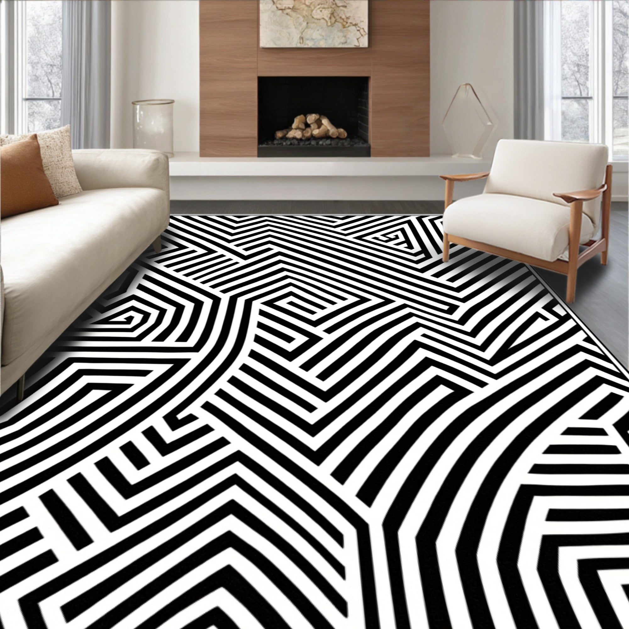 Abstract Black White Interlocking Lines Rug