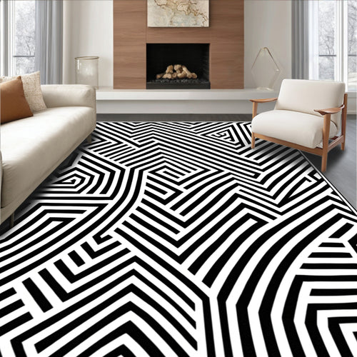 Abstract Black White Interlocking Lines Rug