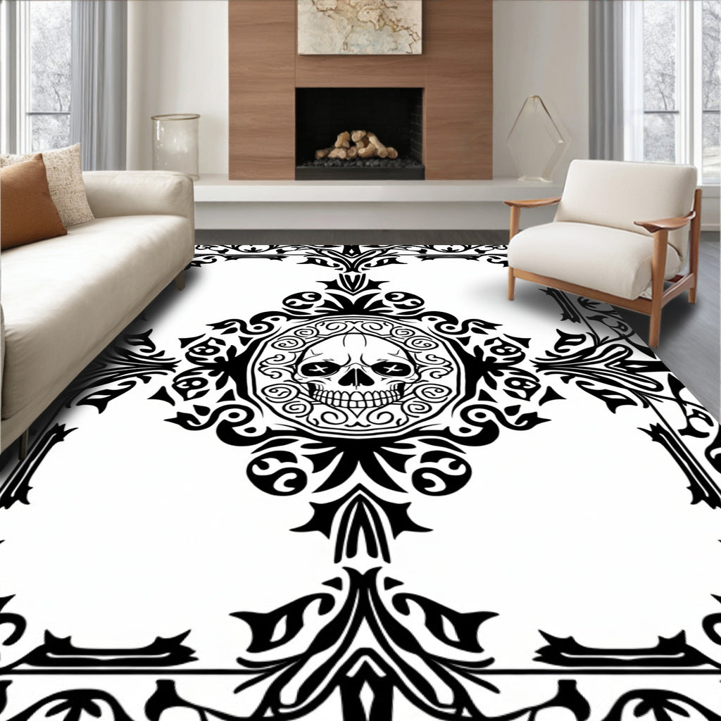 Edgy Black Skulls Ornate Scrollwork Rug