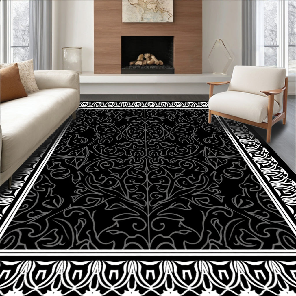 Black White Ornate Floral Design Rug
