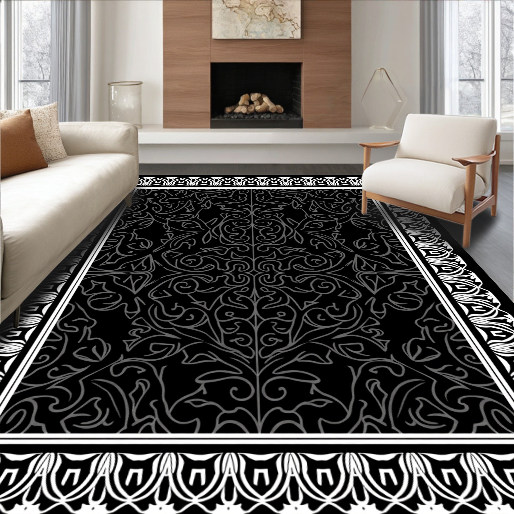 Black White Ornate Floral Design Rug