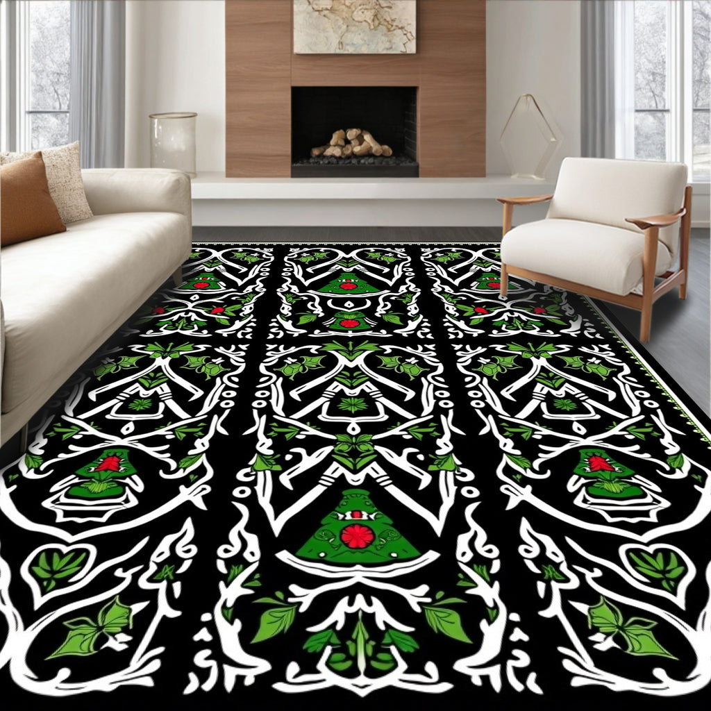 Black White Green Floral Art Nouveau Rug
