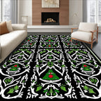 Black White Green Floral Art Nouveau Rug