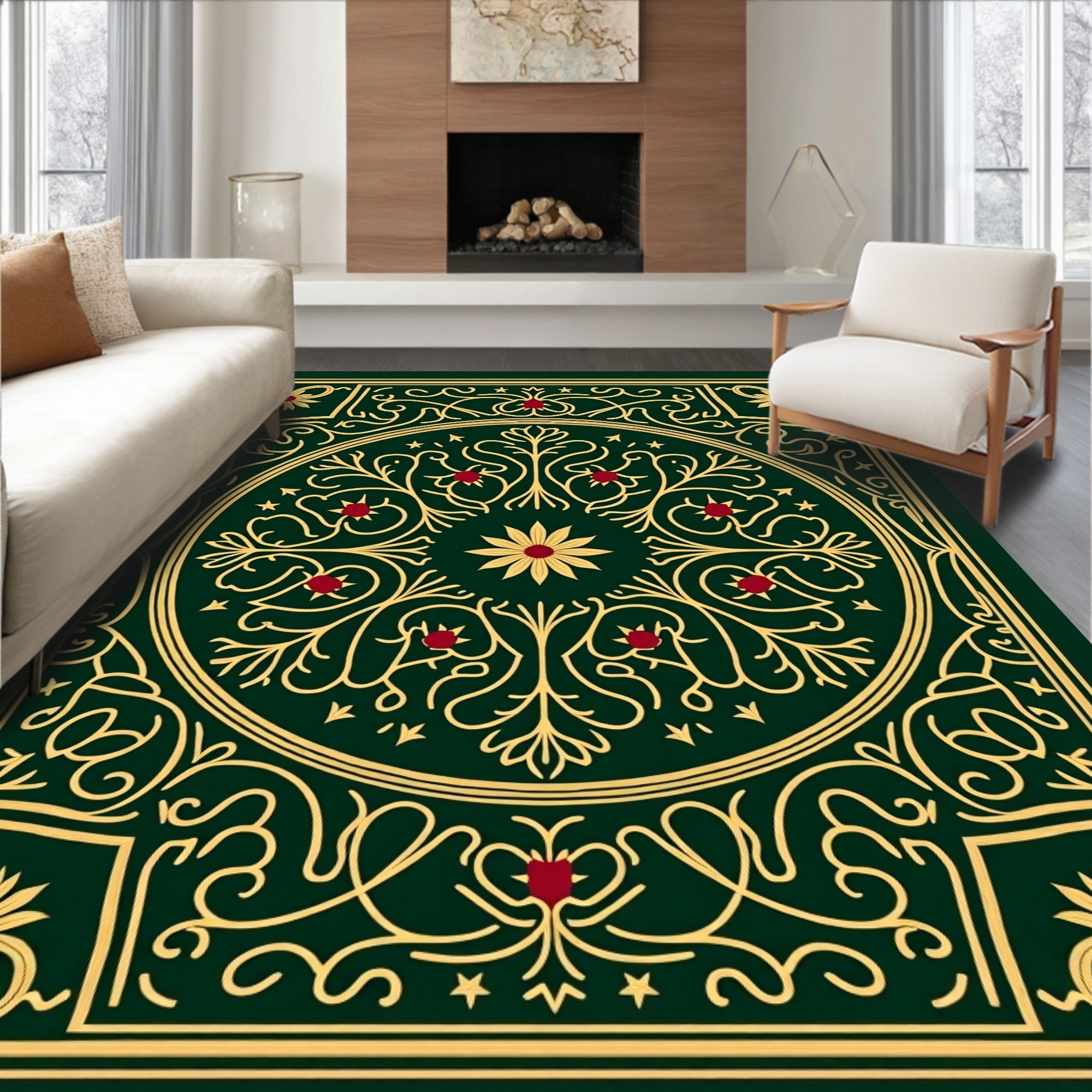 Emerald Green Gold Floral Medallion Rug