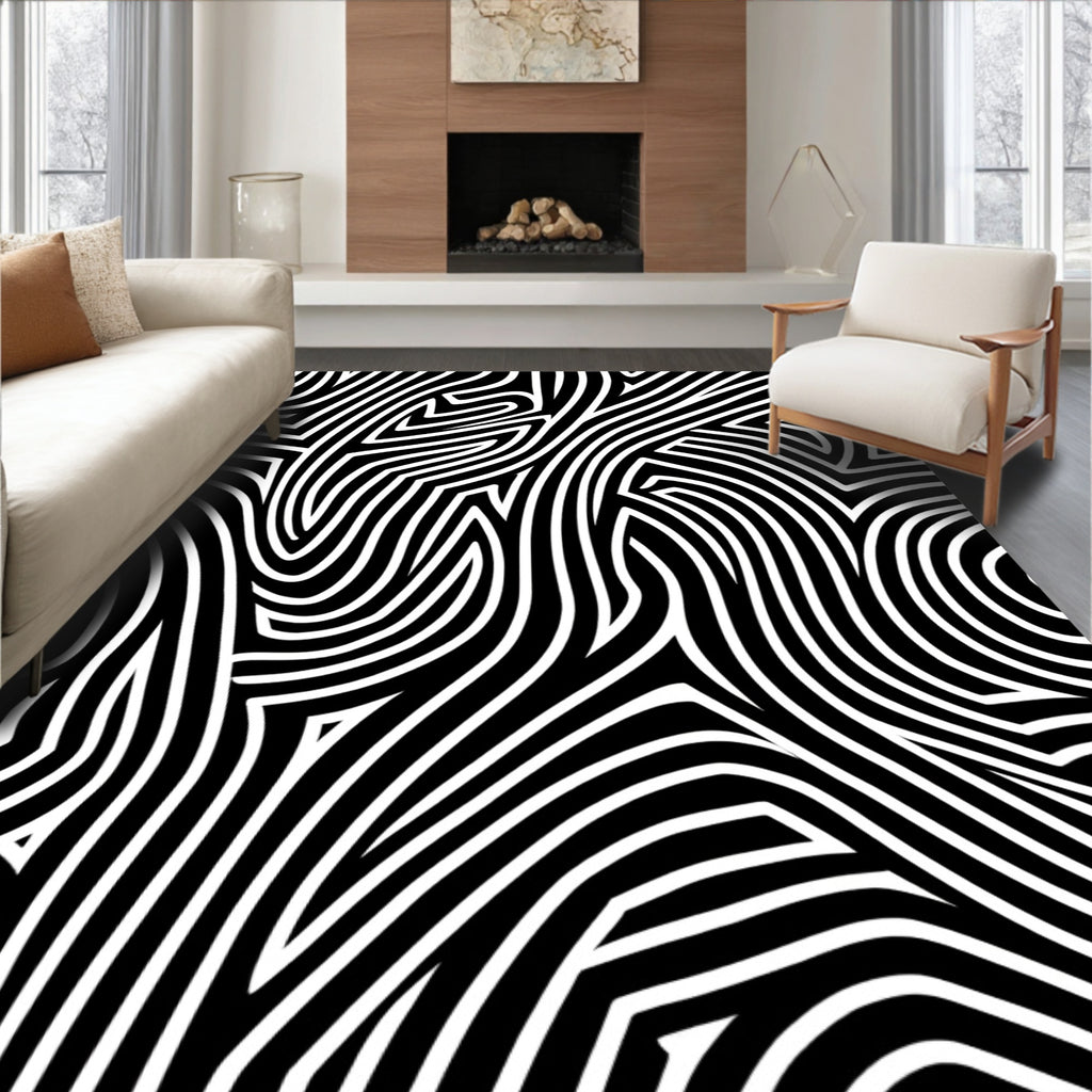 Abstract Black White Organic Lines Rug