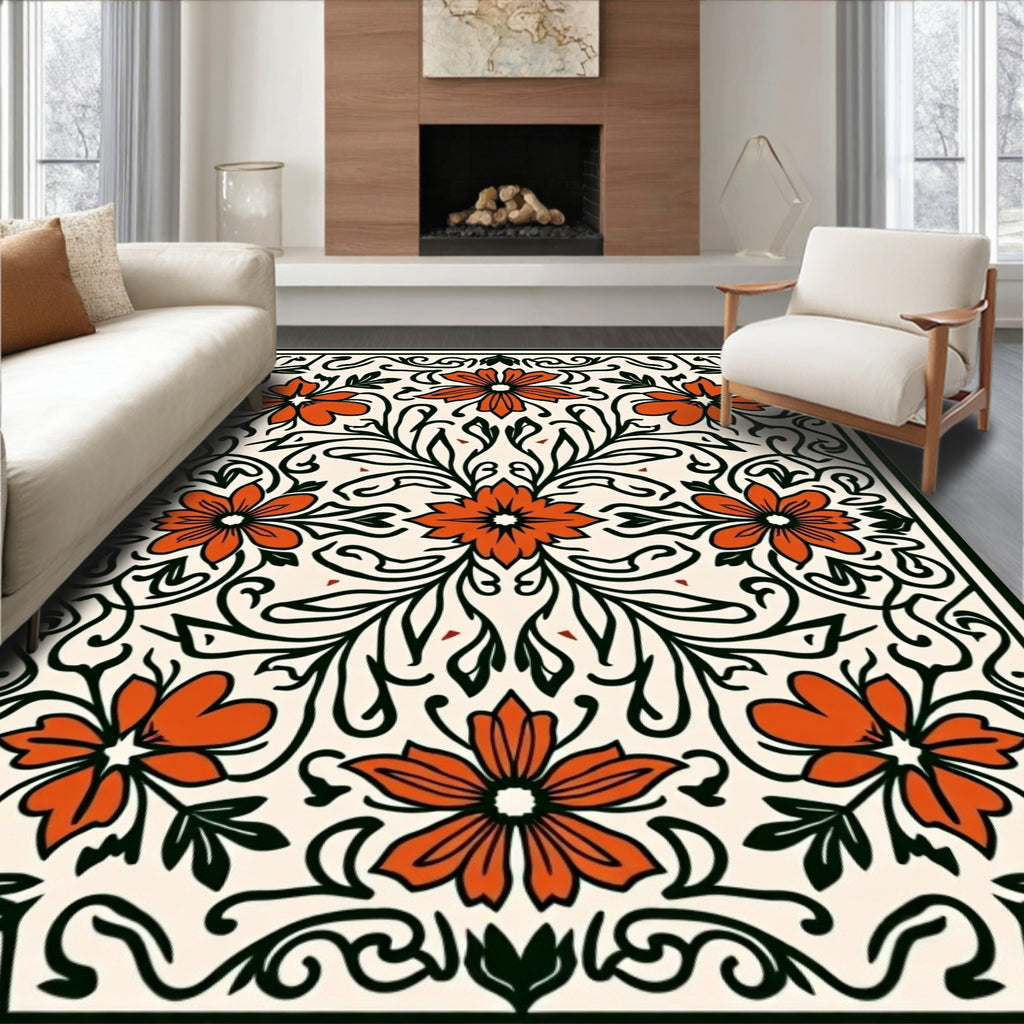 Orange Floral Vine Pattern Rug
