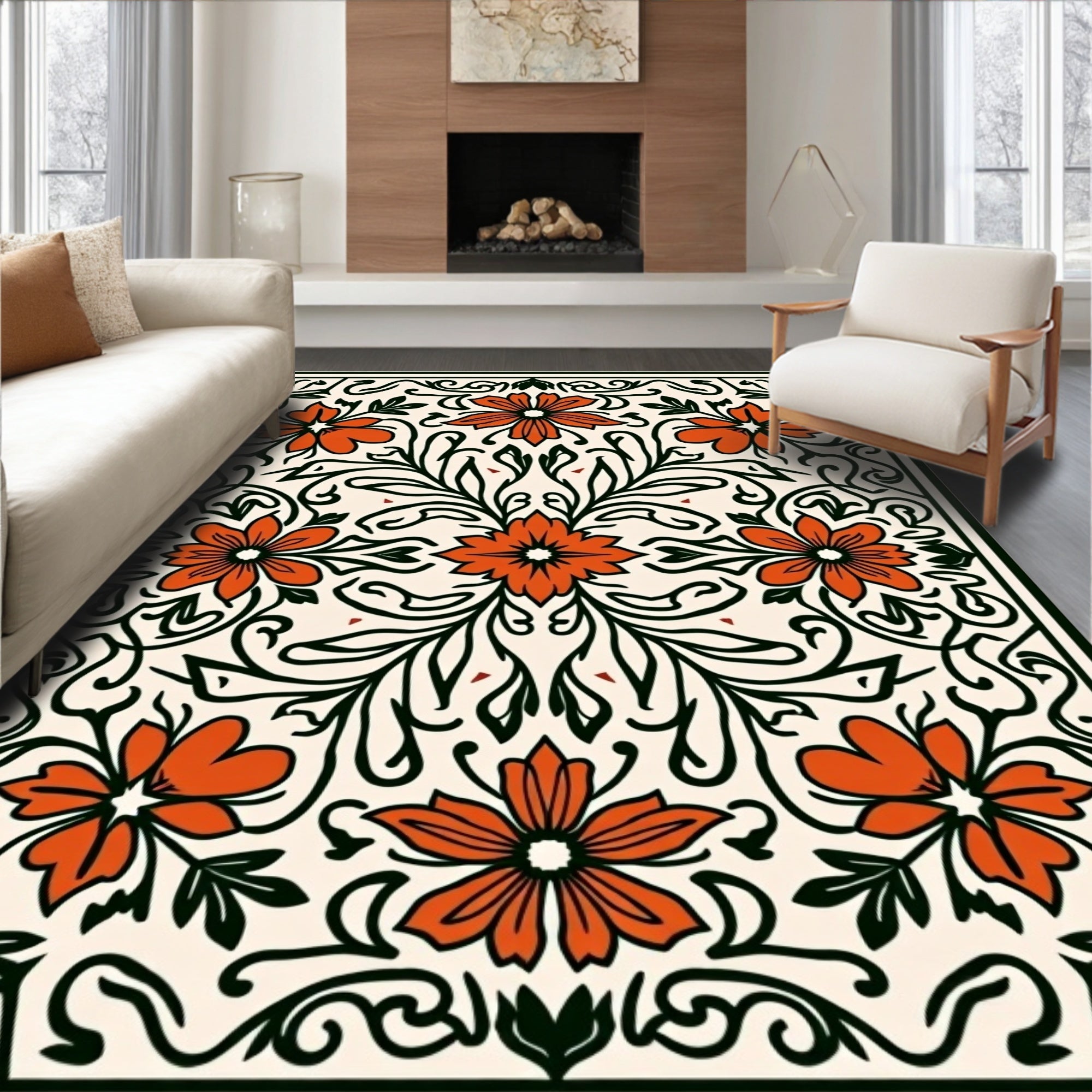 Orange Floral Vine Pattern Rug