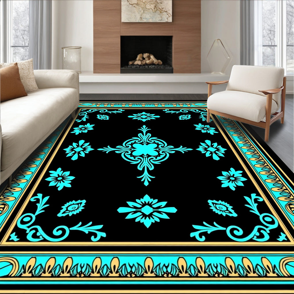 Bold Teal Floral Border Design Rug
