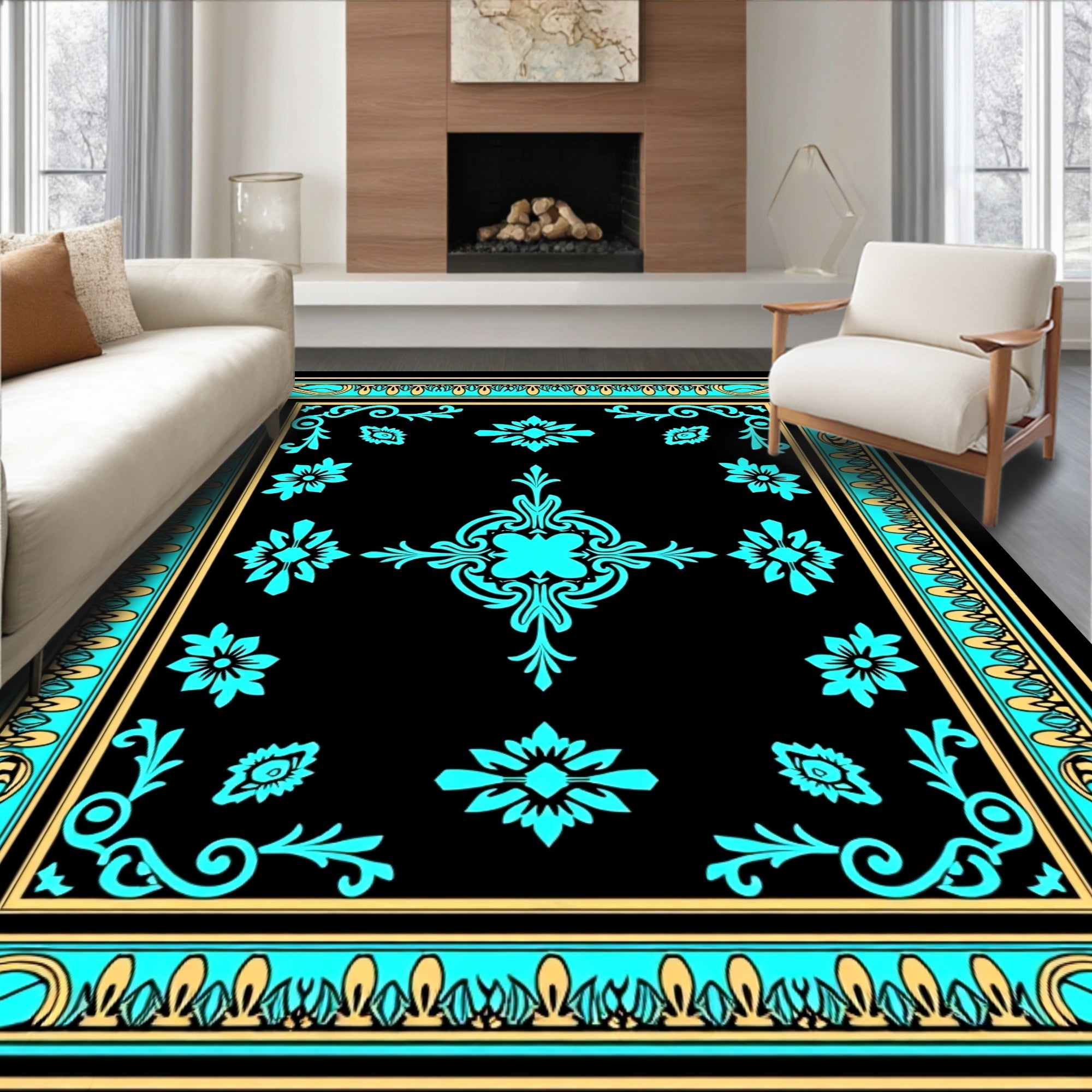 Bold Teal Floral Border Design Rug