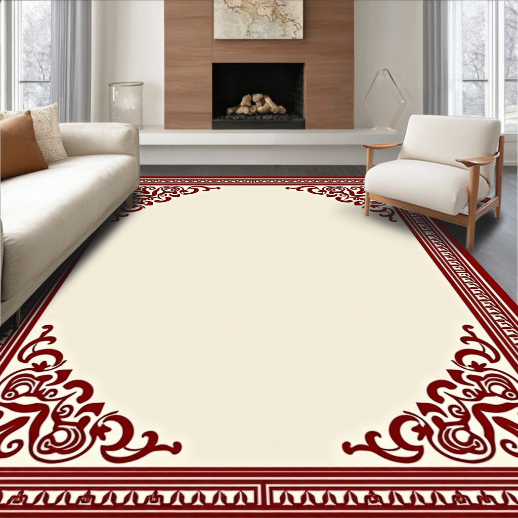 Crimson Intricate Scroll Border Design Rug