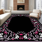 Elegant Black Pink Floral Scroll Framework Rug