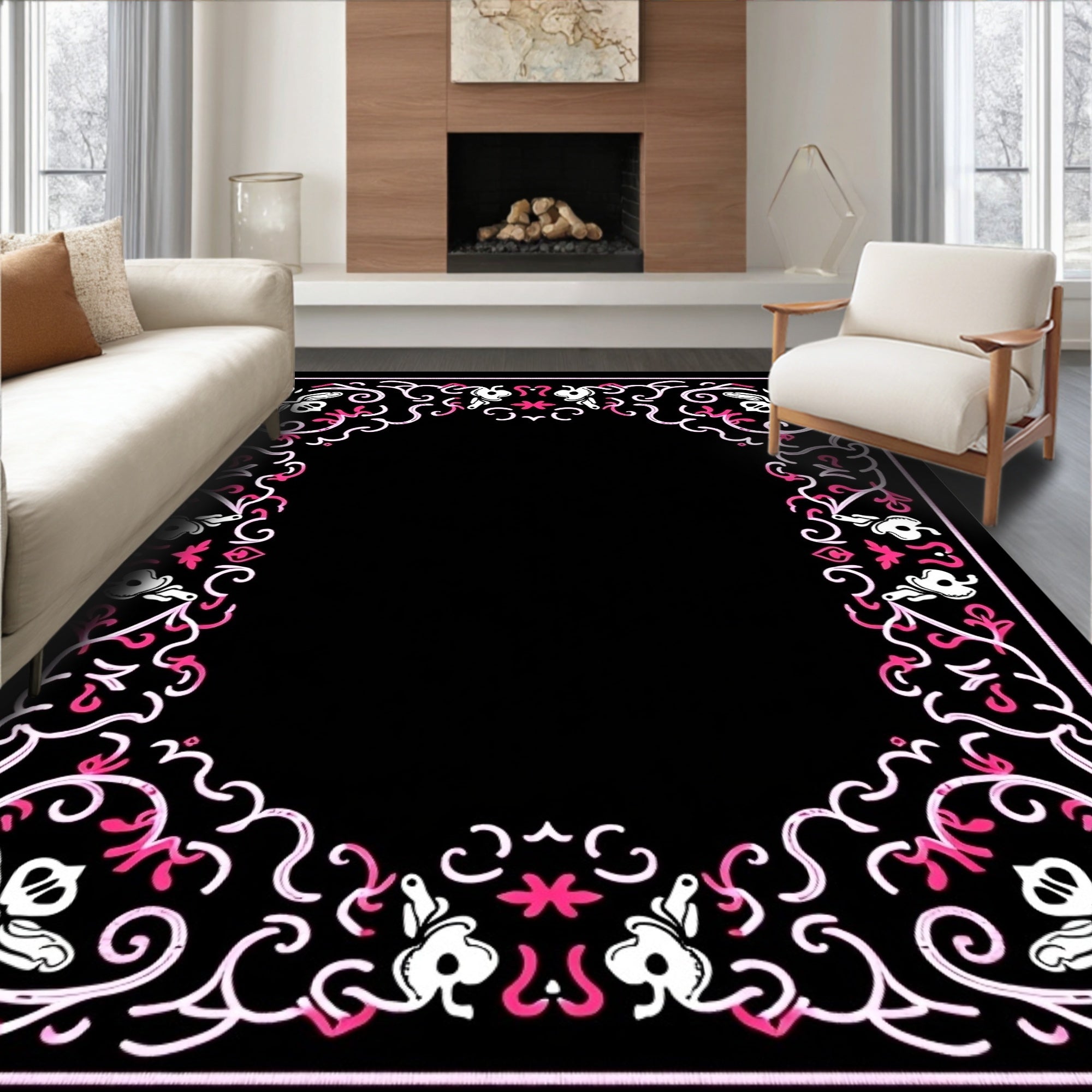 Elegant Black Pink Floral Scroll Framework Rug