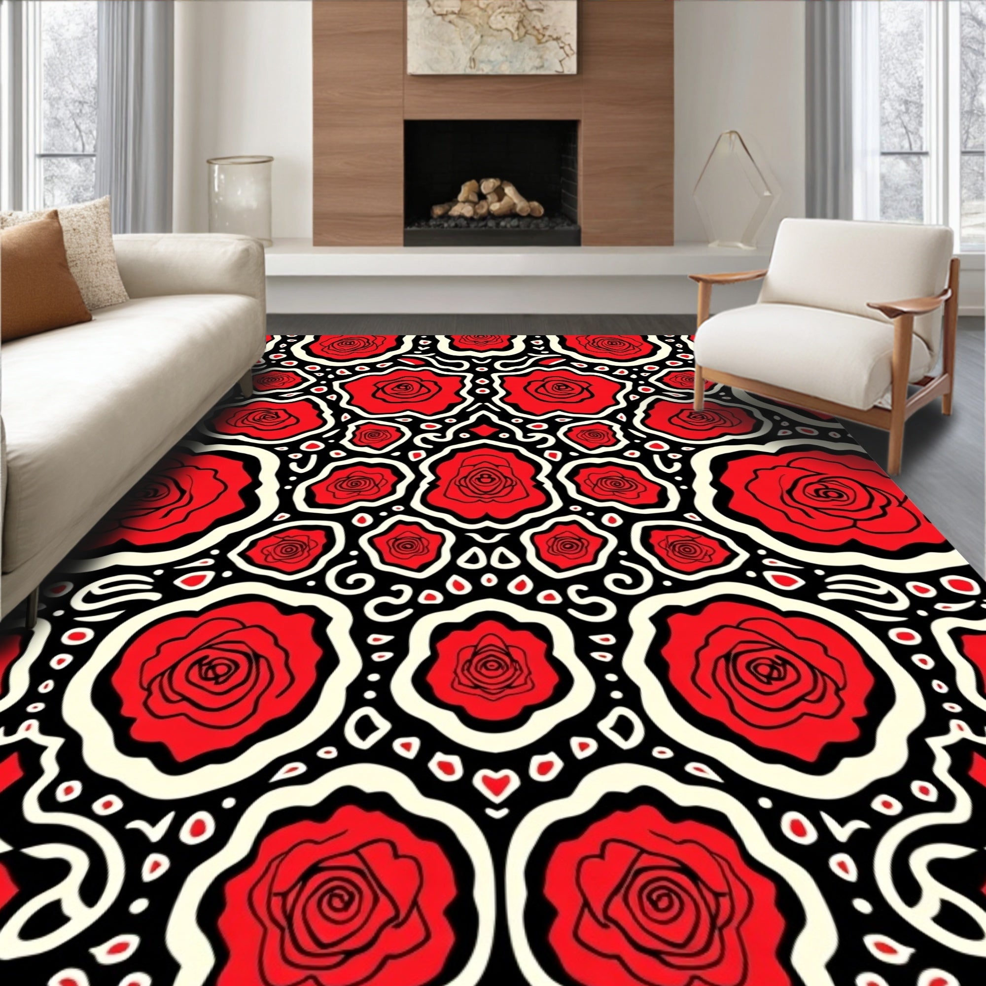 Bold Red Rose Patterned Design Rug