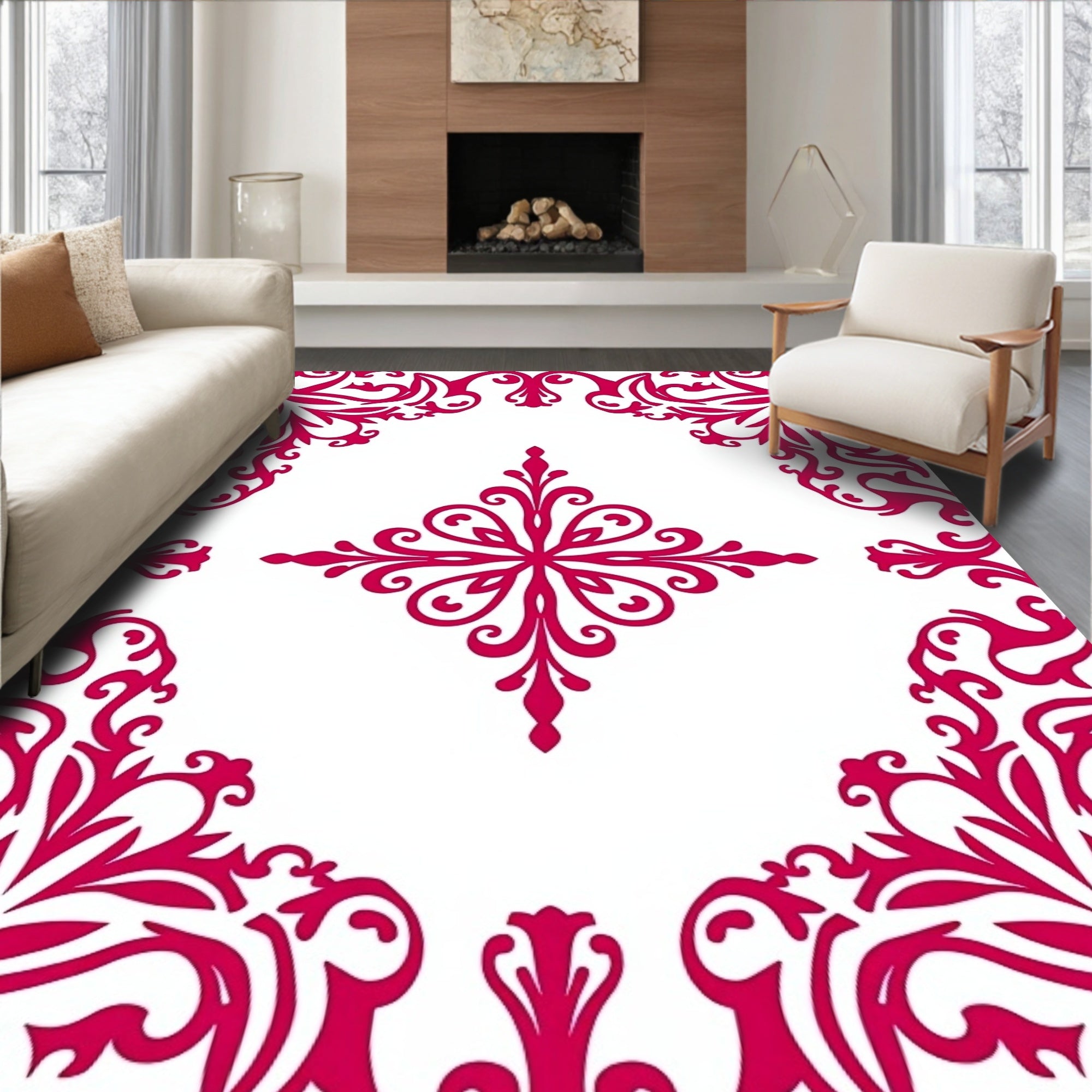 Delicate Pink Floral Scroll Pattern Rug