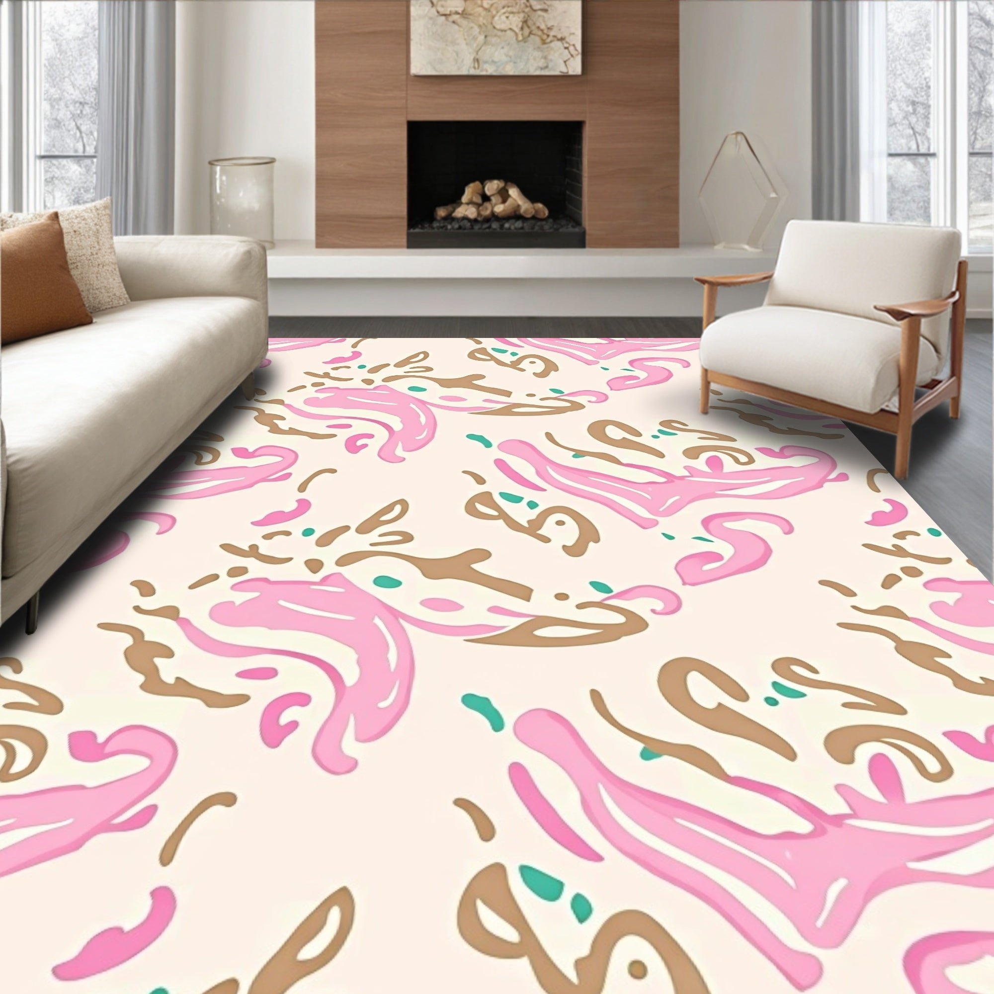 Abstract Blush and Brown Whimsical Pattern Rug