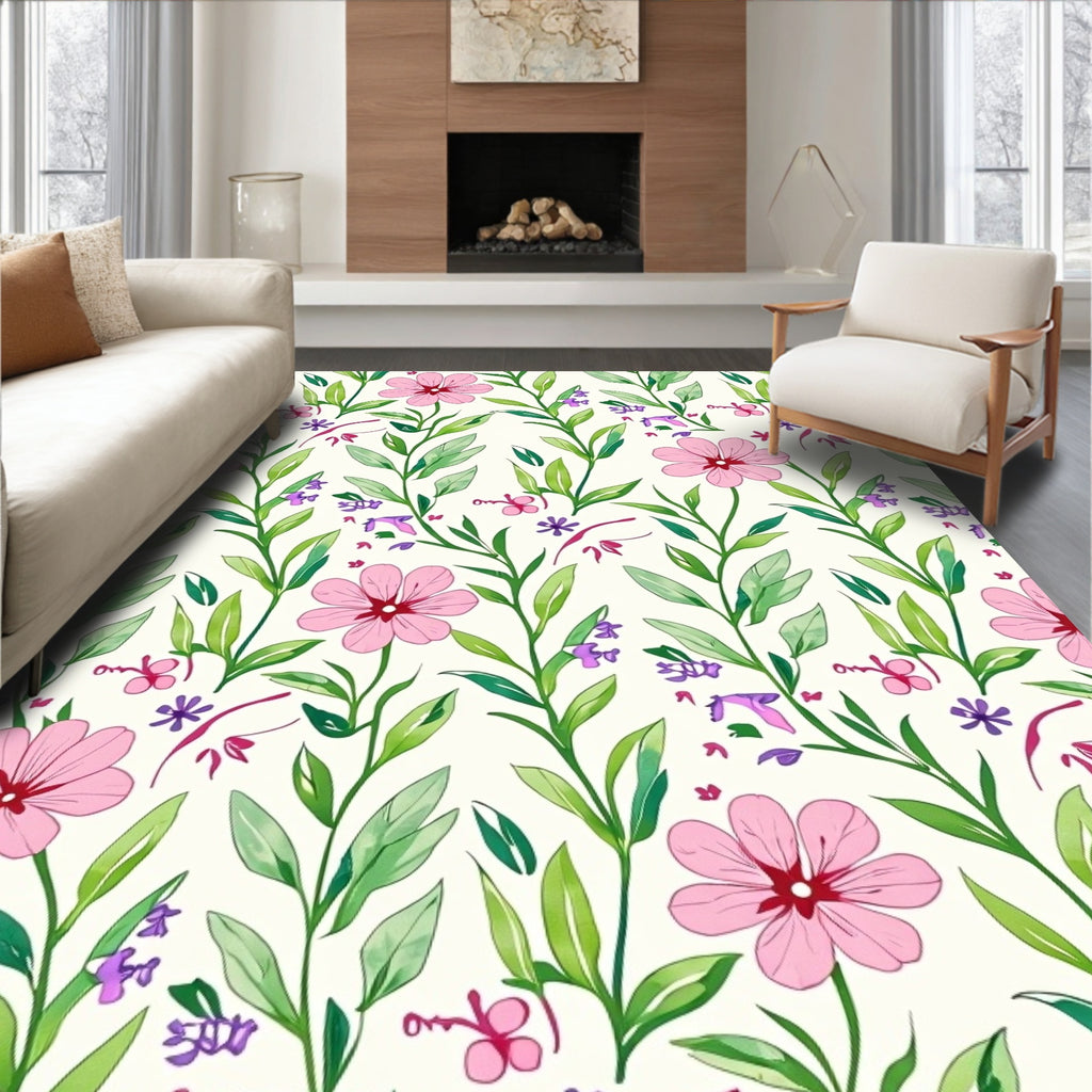 Pink Floral Branches Watercolor Pattern Rug