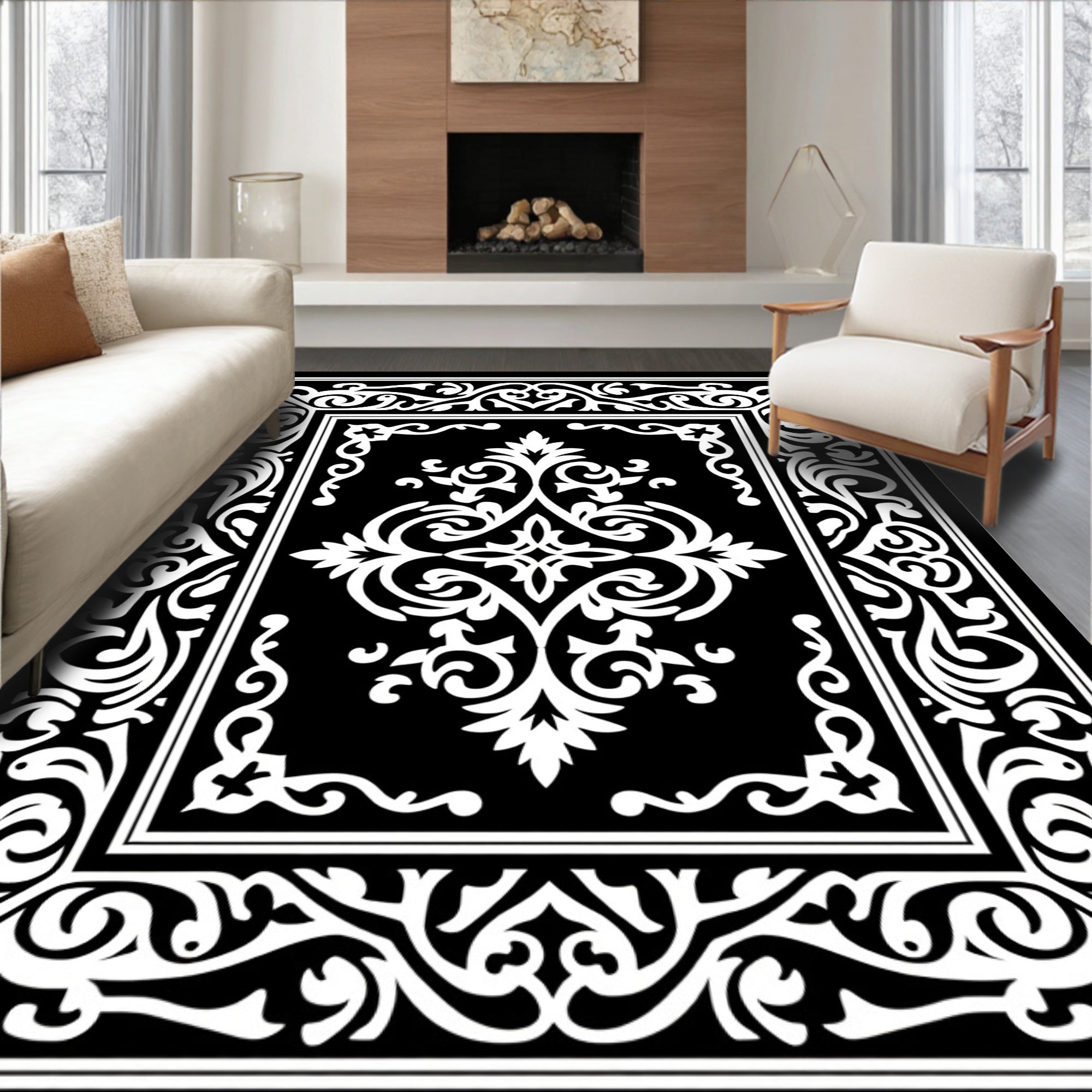 Elegant Black White Floral Pattern Rug