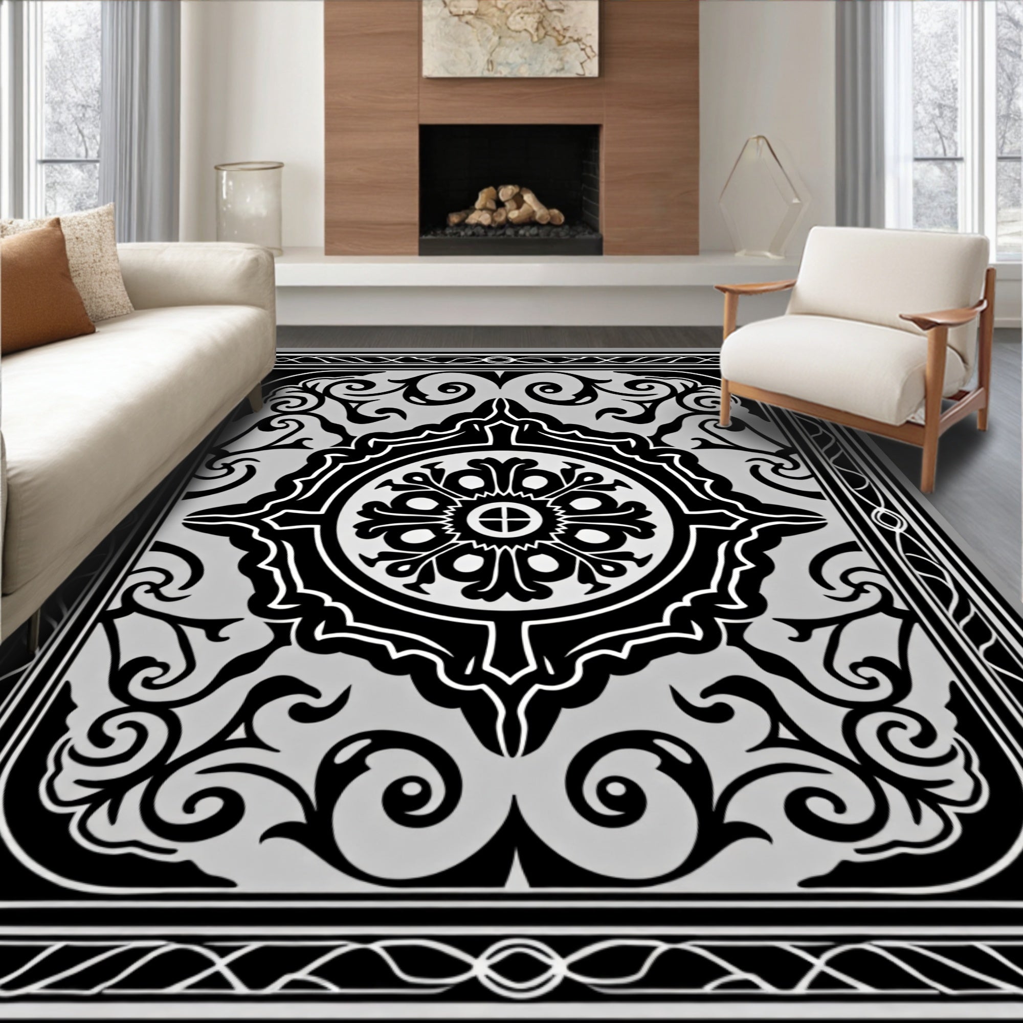 Black White Elaborate Floral Medallion Rug