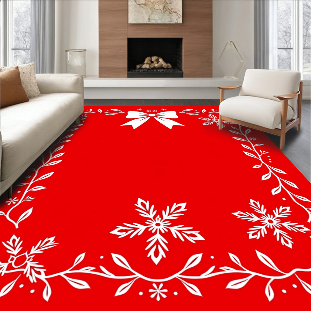 Red White Festive Snowflake Bow Border Rug