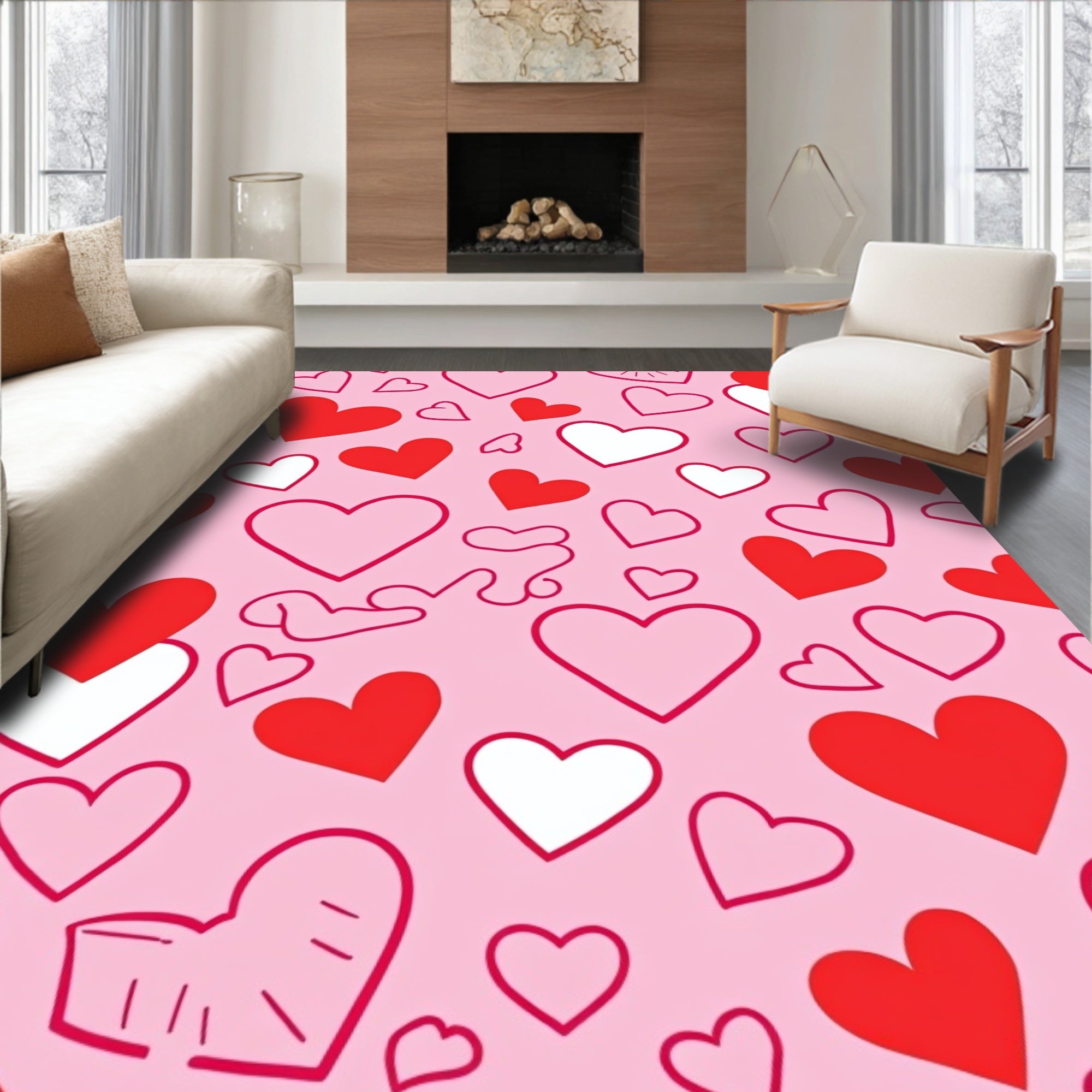 Red White Pink Hearts Pattern Rug